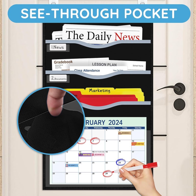 ALSLEA 4 Pockets Hanging Wall File Organizer 15" Extra Wide Pocket Chart for Classroom, Office, Home, Mail Organizer Wall Mounted with 1 Writable Clear Pocket, 5 Wall/ Door Hooks & 12 Labels (Black) - Image 3